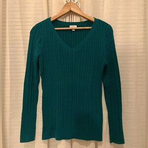 Talbots Cable Knit V Neck Cotton Sweater in Green Size Medium